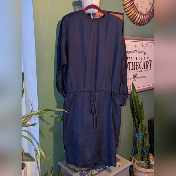 Chetta B Sherrie Bloom Peter Noviello Silk Dress Sz 8 Navy Blue 80s Empire USA - Picture 1 of 14